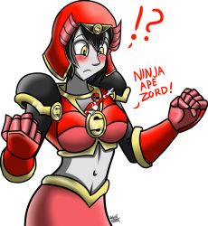Rule 34 | !?, 1boy, 1girl, ape ninjazord, armor, between breasts, black hair, blush, bodysuit, breasts, colored skin, confused, giant, giantess, gloves, grey skin, helmet, japanese armor, kabuto, large breasts, looking down, midriff, mighty morphin power rangers, navel, personification, pointing, power rangers, red bodysuit, red gloves, red headwear, red ranger, red skirt, rocky desantos, short hair, shoulder pads, skirt, transparent background, white gloves, yellow eyes
