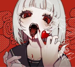Rule 34 | 1girl, bleeding, blood, blood from mouth, body horror, fingernails, heart, highres, horror (theme), looking at viewer, no nose, numata zombie, open mouth, original, portrait, red background, red eyes, sailor collar, school uniform, solo, tears, teeth, tongue, white hair
