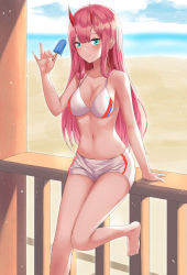 Rule 34 | 1girl, absurdres, arm support, barefoot, bikini, bikini shorts, bikini top only, blue eyes, blunt bangs, blurry, blurry background, blush, breasts, cleavage, closed mouth, collarbone, darling in the franxx, day, food, highres, holding, holding food, horns, huge filesize, ice cream, leg up, long hair, medium breasts, outdoors, pink hair, popsicle, shorts, sideboob, smile, solo, straight hair, swimsuit, user ghvu7325, very long hair, white bikini, white shorts, zero two (darling in the franxx)