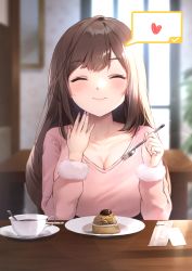 Rule 34 | 1girl, blush, breasts, brown eyes, brown hair, cake, cleavage, cup, drink, finger to own chin, food, fork, heart, highres, holding, holding fork, idolmaster, idolmaster shiny colors, indoors, large breasts, long hair, long sleeves, nail polish, pepeo, pink nails, pink shirt, plate, shirt, smile, solo, sunlight, table, teacup, tsukioka kogane