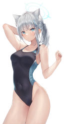 Rule 34 | 1girl, animal ear fluff, animal ears, arm behind head, arm up, armpit crease, bare arms, black one-piece swimsuit, blue archive, blue eyes, blush, breasts, closed mouth, competition swimsuit, contrapposto, covered navel, cowboy shot, cross hair ornament, dot nose, extra ears, grey hair, groin, hair ornament, halo, hand up, highleg, highleg swimsuit, highres, looking at viewer, me meel, medium breasts, medium hair, mismatched pupils, one-piece swimsuit, ponytail, shiroko (blue archive), shiroko (swimsuit) (blue archive), side ponytail, sidelocks, simple background, solo, swimsuit, thighs, two-tone swimsuit, white background