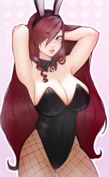 Rule 34 | 1girl, absurdres, alternate costume, animal ears, armpits, arms up, bare shoulders, black leotard, breasts, cleavage, cowboy shot, detached collar, eyes visible through hair, fake animal ears, fishnet pantyhose, fishnets, hair over eyes, highres, kirijou mitsuru, leotard, pantyhose, persona, persona 3, playboy bunny, rabbit ears, red eyes, red hair, triomegis