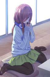 Rule 34 | 1girl, absurdres, backlighting, black footwear, black pantyhose, blue eyes, blue sweater, blush, brown hair, carpet, closed mouth, commentary request, cushion, dated, full body, go-toubun no hanayome, green skirt, hair over one eye, headphones, highres, indoors, loafers, long hair, long sleeves, looking at viewer, miniskirt, nakano miku, own hands together, pantyhose, shoes, sitting, skirt, sleeves past wrists, smile, solo, sweater, table, wariza, xkc, zabuton