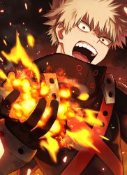 Rule 34 | 1boy, angry, bakugou katsuki, black gloves, black jacket, blonde hair, boku no hero academia, commentary request, embers, explosion, furrowed brow, gloves, hand up, high collar, highres, jacket, looking at viewer, male focus, open mouth, red eyes, short hair, solo, spiked hair, teeth, upper body, v-shaped eyebrows, yuko666