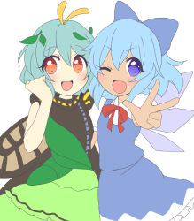 Rule 34 | 2girls, antennae, aqua hair, blue bow, blue dress, blue eyes, blue hair, blush, bow, butterfly wings, cirno, collared shirt, dress, eternity larva, fairy, green dress, hair between eyes, hair bow, ice, ice wings, insect wings, leaf, leaf on head, multicolored clothes, multicolored dress, multiple girls, one eye closed, open mouth, orange eyes, ougi hina, puffy short sleeves, puffy sleeves, shirt, short hair, short sleeves, simple background, single strap, sketch, smile, tanned cirno, touhou, upper body, v, white background, white shirt, wings