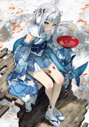 Rule 34 | 1girl, absurdres, blue eyes, blue hair, blue kimono, blush, closed mouth, commentary request, crossed ankles, fins, fish, fish tail, full body, fur collar, gawr gura, gawr gura (new year), hair ornament, highres, hirooriginals, hololive, hololive english, japanese clothes, kimono, long sleeves, looking at viewer, multicolored hair, obi, sandals, sash, shark tail, short hair, shrimp, silver hair, sitting, sleeves past fingers, sleeves past wrists, socks, solo, streaked hair, tail, two side up, virtual youtuber, white socks