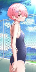 Rule 34 | 1girl, alternate costume, arm behind back, ass, bare arms, bare shoulders, black one-piece swimsuit, blue sky, breasts, chain-link fence, cloud, competition swimsuit, contemporary, day, fence, from side, hair ornament, hair over one eye, hairclip, hand on own arm, highres, kiona (giraffe kiona), light rays, looking at viewer, looking to the side, one-piece swimsuit, outdoors, pink hair, ram (re:zero), re:zero kara hajimeru isekai seikatsu, red eyes, school swimsuit, short hair, shoulder blades, sky, small breasts, solo, sunbeam, sunlight, swimsuit, x hair ornament