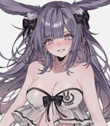 Rule 34 | 1girl, animal ears, aogisa, bare shoulders, black bow, blush, bow, brown pupils, clothes writing, collarbone, earrings, eyelashes, fake animal ears, grey background, grey eyes, hair bow, highres, jewelry, long eyelashes, long hair, looking at viewer, original, parted lips, pink lips, purple hair, rabbit ears, simple background, smile, solo, teeth, upper body