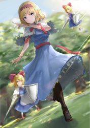 Rule 34 | 1girl, absurdres, alice margatroid, apron, blonde hair, blue dress, blue eyes, boots, bow, breasts, brown footwear, capelet, cross-laced footwear, dress, hair bow, hairband, highres, holding, lance, long hair, looking at viewer, opagi, pantyhose, polearm, puppet strings, sash, shanghai doll, short hair, standing, touhou, weapon