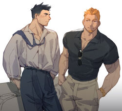 Rule 34 | 2boys, absurdres, bara, collared shirt, eyewear hang, facial hair, feet out of frame, goatee stubble, highres, large pectorals, looking at another, loose necktie, male focus, mature male, multiple boys, muscular, muscular male, necktie, orange hair, original, pants, pectoral cleavage, pectorals, seductive smile, shirt, short hair, shy, sideburns, sideways glance, smile, sparse stubble, standing, stubble, sunglasses, sweatdrop, thick eyebrows, ttn (239 239), unworn eyewear, veins, veiny arms, yaoi
