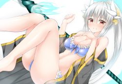 Rule 34 | 1girl, absurdres, bikini, blue bikini, blush, breasts, cleavage, fate/grand order, fate (series), hair ornament, highres, horns, kiyohime (fate), kiyohime (fate/grand order), kiyohime (swimsuit lancer) (fate), kiyohime (swimsuit lancer) (third ascension) (fate), large breasts, long hair, looking at viewer, moyoron, open clothes, open robe, polearm, ponytail, red eyes, robe, silver hair, smile, solo, swimsuit, weapon