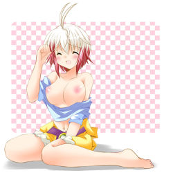 Rule 34 | 1girl, bare shoulders, blush, breasts, clothes pull, closed eyes, female focus, full body, nipples, pascal (tales), pascal (tales), shirt pull, solo, tales of (series), tales of graces, white background