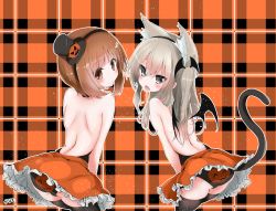 Rule 34 | 10s, 2girls, animal ears, ass, back, backless outfit, bat wings, black legwear, black panties, brown eyes, brown hair, cat ears, cat tail, closed mouth, commentary request, cowboy shot, fake animal ears, frilled skirt, frills, girls und panzer, hair ornament, halloween, halterneck, hat, jack-o&#039;-lantern, leaning forward, light brown hair, long hair, looking at viewer, looking back, mini hat, mini top hat, miniskirt, multiple girls, nishizumi miho, not on shana, open mouth, orange background, orange skirt, panties, plaid, plaid background, print panties, shimada arisu, short hair, side ponytail, skirt, smile, tail, thighhighs, top hat, underwear, wings