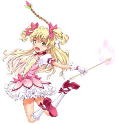 Rule 34 | 1girl, absurdres, arrow (projectile), blonde hair, bow, bow (weapon), bubble skirt, choker, cosplay, dress, fangs, gloves, hair bow, highres, idolmaster, idolmaster cinderella girls, jougasaki rika, jumping, kaname madoka, kaname madoka (cosplay), kneehighs, long hair, magical girl, mahou shoujo madoka magica, mahou shoujo madoka magica (anime), open mouth, ribbon, skirt, smile, socks, solo, suzuki24, weapon, white gloves, white socks, yellow eyes