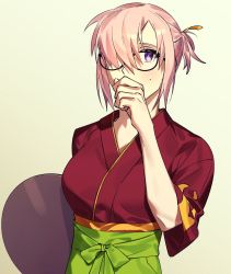 Rule 34 | 1girl, alternate costume, artist request, bad id, bad pixiv id, fate/grand order, fate (series), glasses, highres, japanese clothes, kimono, mash kyrielight, mash kyrielight (enma-tei uniform), official alternate costume, one eye covered, pink hair, ponytail, purple eyes, tray