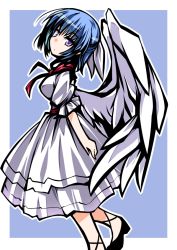 Rule 34 | 1girl, angel wings, blue eyes, blue hair, from side, hemogurobin a1c, looking to the side, mai (touhou), mary janes, matching hair/eyes, shoes, short hair, solo, touhou, touhou (pc-98), wings