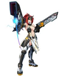 Rule 34 | 1girl, armor, blue tongue, breasts, cerastes, full body, highres, lilith-soft, mikoyan, monster girl, open mouth, red hair, solo, taimanin (series), taimanin asagi, taimanin rpgx, tongue, tongue out, weapon, yellow eyes