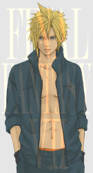 Rule 34 | 00s, 1990s (style), 1boy, abs, bishounen, blonde hair, blue eyes, cloud strife, copyright name, final fantasy, final fantasy vii, final fantasy vii advent children, male focus, open clothes, open shirt, retro artstyle, shirt, solo, spiked hair