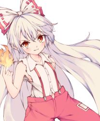 Rule 34 | 1girl, bow, buttons, collared shirt, cycloneyukari, fire, fujiwara no mokou, grin, hair bow, index finger raised, long hair, looking at viewer, multicolored bow, pants, pyrokinesis, red bow, red eyes, red pants, shirt, simple background, smile, solo, suspenders, torn clothes, torn sleeves, touhou, v-shaped eyebrows, very long hair, white background, white bow, white hair, white shirt