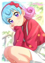 Rule 34 | 1girl, :3, absurdres, aikatsu!, aikatsu! (series), blue eyes, blue hair, blurry, blurry background, blush, bokeh, bow, bow hairband, curly hair, dated, depth of field, doujima nina, english text, hair bow, hairband, hand up, happy birthday, head rest, head tilt, highres, long sleeves, looking at viewer, medium hair, multicolored eyes, multicolored hair, pink hair, purple eyes, red bow, red hairband, red sweater, sekina, skirt, smile, solo, squatting, suspender skirt, suspenders, sweater, two-tone hair, white skirt