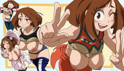 Rule 34 | 1girl, absurdres, bob cut, bodysuit, boku no hero academia, bra, breasts, breasts out, brown eyes, brown hair, cheerleader, clenched hand, closed eyes, collared shirt, double v, green skirt, half-closed eyes, hand on own hip, highres, inker comics, jacket, large breasts, leaning forward, looking at viewer, multiple views, necktie, nipples, one eye closed, open mouth, outside border, pantyhose, parted bangs, pleated skirt, shirt, sidelocks, skirt, split mouth, torn bodysuit, torn clothes, u.a. gym uniform, underwear, uraraka ochako, v