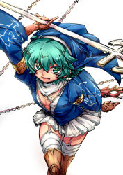 Rule 34 | 1boy, boots, chain, cosplay, cross, cross necklace, crossdressing, garter straps, gloves, green eyes, green hair, jewelry, johan andersen, looking at viewer, male focus, matching hair/eyes, necklace, open mouth, queen&#039;s blade, queen&#039;s blade rebellion, short hair, sigui (queen&#039;s blade), sigui (queen&#039;s blade) (cosplay), simple background, skirt, solo, thigh boots, thighhighs, tobi (one), white background, yu-gi-oh!, yu-gi-oh! gx