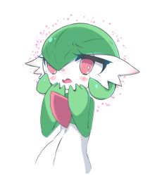 Rule 34 | 1girl, averting eyes, blush, bob cut, bright pupils, colored skin, creatures (company), female focus, flat chest, game freak, gardevoir, gen 3 pokemon, green hair, green skin, hair between eyes, hands up, highres, looking to the side, m3 (gardevoir m3), multicolored skin, nintendo, open mouth, pokemon, pokemon (creature), red eyes, short hair, shy, simple background, solo, two-tone skin, upper body, white background, white pupils, white skin