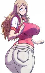 Rule 34 | 1girl, ass, blonde hair, blue eyes, boku no hero academia, bow, bowtie, breasts, curvy, glasses, highres, huge ass, huge breasts, long hair, looking at viewer, melissa shield, pants, short sleeves, smile, solo, thick thighs, thighs, vegeta (artist), white background, wide hips