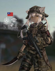 Rule 34 | 1girl, animal ears, assault rifle, blurry, blurry background, boonie hat, bulletproof vest, camouflage, camouflage headwear, camouflage jacket, camouflage pants, chinese commentary, chinese text, commentary request, cowboy shot, ears through headwear, fang zhenjun, gloves, gun, holding, holding knife, jacket, knife, long hair, military, orange eyes, original, pants, photo background, republic of china flag, rifle, soldier, solo, tactical clothes, taiwan, translation request, twintails, weapon, white hair