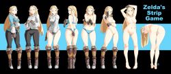 Rule 34 | 1girl, aiming, aiming at viewer, autolewd, bent over, blonde hair, blue bra, blue eyes, blue panties, boots, bra, braid, breasts, brown footwear, covering ass, covering privates, crown braid, fingerless gloves, full body, gloves, gun, handgun, highres, long hair, looking at viewer, nintendo, nipples, panties, pointy ears, princess zelda, pussy, red eyes, sequential, smile, solo, standing, the legend of zelda, the legend of zelda: breath of the wild, underwear, undressing, weapon