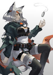 Rule 34 | 1girl, absurdres, animal ears, arknights, armlet, belt, black footwear, black shorts, boots, breasts, brown eyes, collar, cropped jacket, eyepatch, five-fall, gradient background, green jacket, grey background, grey hair, grey thighhighs, highres, hood, hood down, infection monitor (arknights), jacket, large breasts, long hair, long sleeves, nail polish, open clothes, open jacket, parted lips, pocket watch, quartz (arknights), shirt, shorts, solo, tail, thigh boots, thighhighs, thighhighs under boots, underbust, watch, white background, white shirt, wolf ears, wolf girl, wolf tail