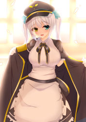 Rule 34 | 1girl, absurdres, blush, breasts, cape, commentary request, growing naru, hat, heterochromia, highres, jacket, kagura mea, kagura gumi, large breasts, looking at viewer, military hat, open mouth, silver hair, solo, twintails, virtual youtuber, window