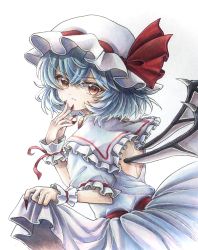 Rule 34 | 1girl, bat wings, blue hair, bow, brooch, dress, fingernails, frilled shirt collar, frilled sleeves, frills, hair between eyes, hat, hat ribbon, highres, hisako (6anmbblfnjueeff), jewelry, long fingernails, looking at viewer, looking back, mob cap, nail polish, open mouth, pink dress, puffy short sleeves, puffy sleeves, red bow, red eyes, red nails, red ribbon, remilia scarlet, ribbon, ribbon trim, sash, sharp fingernails, short hair, short sleeves, skirt hold, smile, solo, touhou, traditional media, wavy hair, white background, wings, wrist cuffs