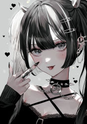 Rule 34 | 1girl, :p, black choker, black hair, black nails, breasts, chain, choker, claw ring, collarbone, ear piercing, earrings, eyebrow piercing, eyelashes, fingernails, hair ornament, hairclip, heart, heart background, highres, horns, jewelry, lace trim, linked piercing, long fingernails, long hair, long sleeves, looking at viewer, maria (maria rose), middle finger, mole, mole on breast, mole under eye, multicolored hair, multiple earrings, nail polish, original, piercing, plug (piercing), portrait, red lips, sidelocks, small breasts, solo, spaghetti strap, spiked choker, spiked ear piercing, spikes, tongue, tongue out, tongue piercing, twintails, two-tone hair, white hair