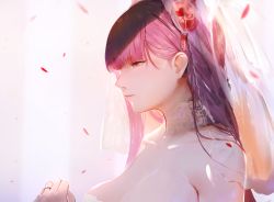 Rule 34 | 1girl, absurdres, bare shoulders, blush, breasts, bridal veil, bride, choker, collarbone, dress, flower, from side, girls&#039; frontline, hair flower, hair ornament, half-closed eyes, hand up, happy, highres, huge filesize, isaka wasabi, jewelry, lace, lace choker, large breasts, long hair, ornate ring, parted lips, petals, purple hair, red eyes, red flower, red rose, ring, rose, solo, strapless, strapless dress, tsurime, veil, very long hair, wa2000 (girls&#039; frontline), wedding, wedding dress, wedding ring, white dress