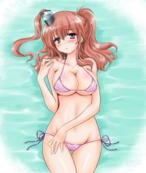 Rule 34 | 1girl, bikini, blush, breasts, brown hair, cleavage, collarbone, commentary request, groin, hair ornament, kantai collection, looking at viewer, lying, navel, ponytail, purple bikini, saratoga (kancolle), grey eyes, solo, swimsuit, tachibana hiroki