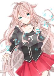 Rule 34 | 1girl, absurdres, bare shoulders, blue eyes, blush, braid, choker, female focus, hair between eyes, highres, ia (vocaloid), long hair, looking at viewer, mai mugi, music, musical note, pink skirt, pleated skirt, simple background, skirt, smile, solo, very long hair, vocaloid, white background