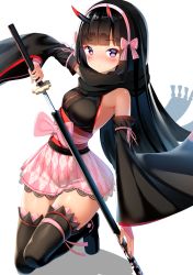 Rule 34 | 1girl, argyle, argyle clothes, argyle skirt, bare shoulders, black footwear, black hair, black kimono, black scarf, black sleeves, black thighhighs, blunt bangs, blush, boots, bow, breasts, commentary request, detached sleeves, enpera, floral print, hair bow, hairband, highres, holding, holding sword, holding weapon, horns, japanese clothes, katana, kimono, kurotobi rarumu, long hair, long sleeves, looking at viewer, on one knee, original, pink bow, pink hairband, pink skirt, pleated skirt, red eyes, scarf, sheath, short hair, short kimono, skirt, small breasts, solo, sword, thigh boots, thighhighs, unsheathing, very long hair, weapon, white background, wide sleeves
