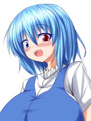 Rule 34 | 1girl, :d, blue eyes, blue hair, blush, breast awe, breasts, commentary, heterochromia, huge breasts, looking at breasts, looking down, matching hair/eyes, open mouth, parmiria, red eyes, short hair, smile, solo, tatara kogasa, teeth, touhou, upper body