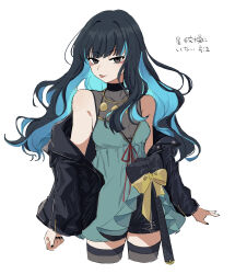 Rule 34 | 1girl, absurdres, black hair, black jacket, black nails, blue hair, bow, colored inner hair, cropped legs, dress, fate/grand order, fate (series), green dress, grey eyes, highres, jacket, kaigan0211, long hair, multicolored hair, tenochtitlan (event portrait) (fate), tenochtitlan (fate), thighhighs, tongue, tongue out, white background
