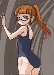 Rule 34 | 1girl, against wall, ass, breasts, brown background, brown eyes, brown hair, come hither, glasses, long hair, looking at viewer, medium breasts, minami mirei, one-piece swimsuit, ponytail, pretty series, pripara, rohitsuka, school swimsuit, sideboob, sketch, smile, solo, swimsuit