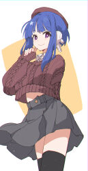 Rule 34 | 1girl, absurdres, arm behind back, black thighhighs, blue hair, brown hat, brown sweater, closed mouth, commentary, commission, grey skirt, hat, highres, ilfa (to heart), long sleeves, looking at viewer, midriff, miniskirt, pixiv commission, pleated skirt, purple eyes, ribbed sweater, short hair with long locks, sidelocks, sketch, skirt, sleeves past wrists, smile, solo, standing, stomach, sweater, thighhighs, to heart (series), to heart 2, ushiki yoshitaka, wing collar, zettai ryouiki