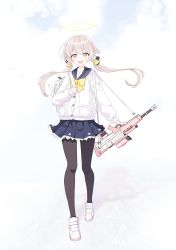 Rule 34 | 1girl, :d, assault rifle, bag, black pantyhose, blue archive, brown eyes, brown hair, bullpup, commentary request, full body, gun, hair between eyes, halo, hifumi (blue archive), highres, holding, holding gun, holding weapon, kokage (chenff), long hair, long sleeves, looking at viewer, low twintails, open mouth, pantyhose, peroro (blue archive), pleated skirt, rifle, school bag, school uniform, serafuku, sidelocks, simple background, skirt, smile, solo, standing, twintails, weapon, white background, wing hair ornament