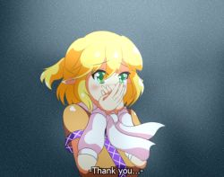 Rule 34 | 1girl, arm warmers, blonde hair, blush, covering own mouth, crying, english text, green eyes, half updo, happy tears, mizuhashi parsee, neferkitty, nose blush, pointy ears, scarf, short hair, solo, tears, touhou