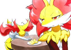 Rule 34 | 025aki, 2girls, absurdres, animal ears, arm up, blush, braixen, breasts, creatures (company), delphox, female focus, food, fox ears, fox tail, furry, furry female, game freak, gen 6 pokemon, half-closed eyes, hand up, highres, looking back, looking to the side, multiple girls, nintendo, open mouth, outstretched arm, plate, pokemon, pokemon (creature), pokemon xy, red eyes, simple background, small breasts, sweat, sweatdrop, table, tail, traditional media, white background