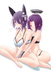 Rule 34 | 10s, 2girls, :&lt;, bare shoulders, barefoot, bikini, black bikini, blush, breast press, breasts, breasts squeezed together, cleavage, collarbone, dutch angle, eyepatch, eyes visible through hair, feet, from side, frown, gloves, glowing, hair over one eye, halo, headgear, highres, indian style, kantai collection, large breasts, light smile, looking at viewer, lowleg, lowleg bikini, mechanical halo, multiple girls, naughty face, navel, neon trim, purple eyes, purple hair, reach-around, shadow, shiroshimu, short hair, sigh, simple background, sitting, smile, spread legs, strap gap, swimsuit, tatsuta (kancolle), tenryuu (kancolle), v arms, white background, white bikini, yellow eyes, yuri