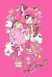 Rule 34 | animal ears, bell, blush, blush stickers, boots, bow, bowtie, cake, cat ears, cat girl, cat tail, cloud, detached sleeves, dress, fang, flower, food, fruit, full body, gloves, heart, highres, holding, ice cream, ice cream cone, looking at viewer, magical girl, medium hair, mew ichigo, momomiya ichigo, oceaninspace, open mouth, pink background, pink bow, pink dress, pink eyes, pink footwear, pink gloves, pink hair, pink theme, rainbow, signature, simple background, smile, star (symbol), strawberry, symbol in eye, tail, tail bell, tail bow, tail ornament, thigh strap, tokyo mew mew