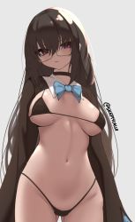 Rule 34 | 1girl, bikini, black bikini, black choker, blue bow, blue bowtie, bow, bowtie, breasts, brown hair, choker, cleavage, closed mouth, commentary, cowboy shot, dated commentary, glasses, grey background, groin, large breasts, long hair, looking at viewer, micro bikini, navel, original, purple eyes, shrug (clothing), simple background, skeptycally, solo, swimsuit, twitter username, very long hair