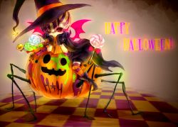 Rule 34 | 1girl, bone-beans, bug, candy, halloween, happy halloween, jack-o&#039;-lantern, lollipop, original, pumpkin, solo, spider, swirl lollipop