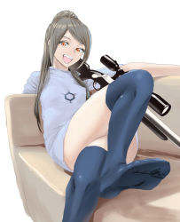 Rule 34 | 1girl, 3f1n92k0, black hair, couch, feet, long hair, open mouth, soles, solo, thighhighs